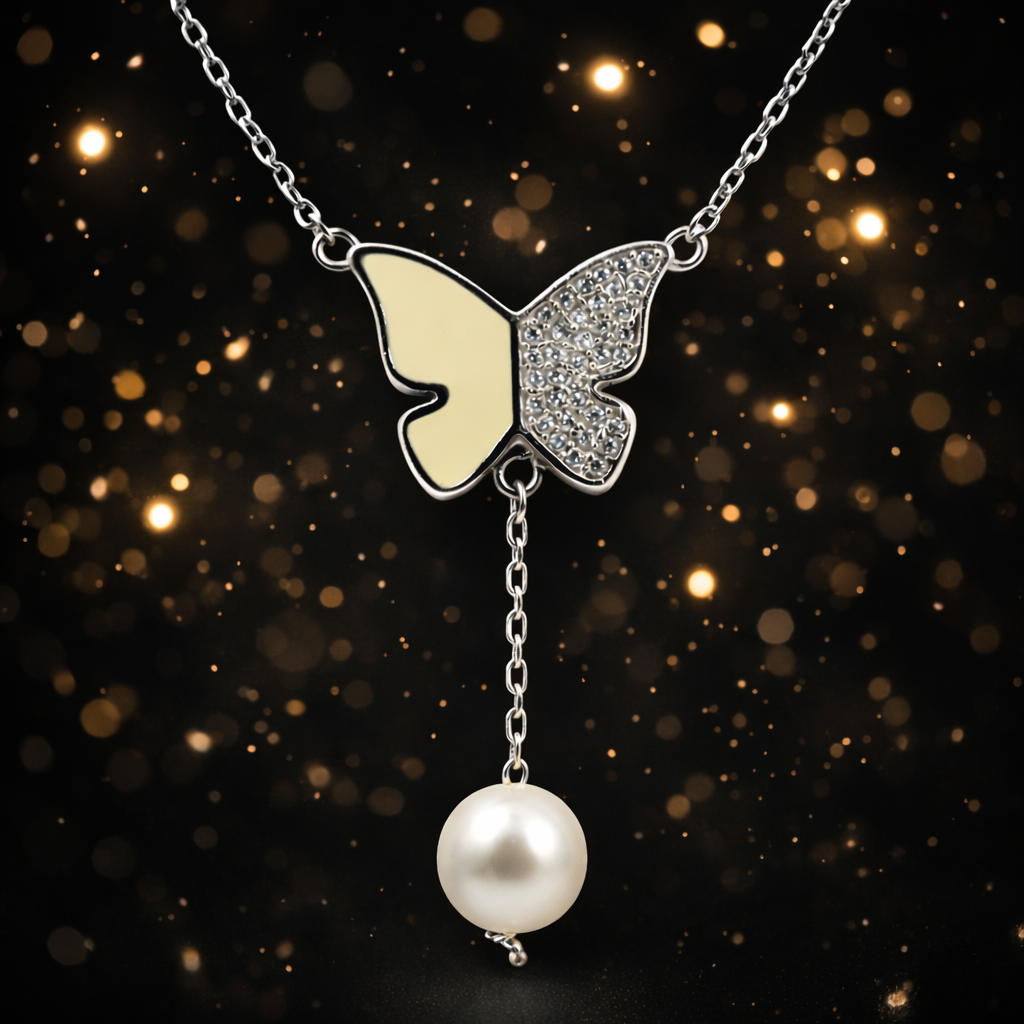 Elegant butterfly necklace with pearl S (2)